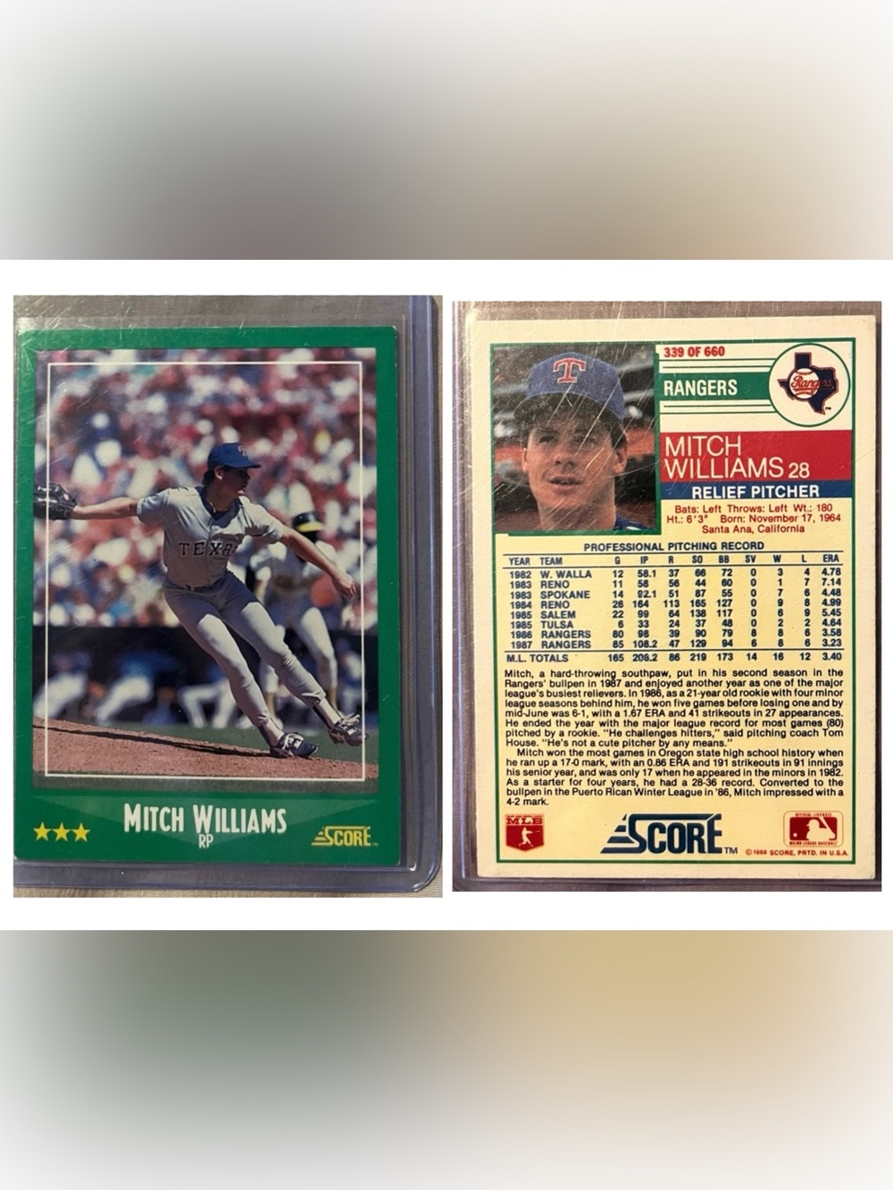 Vintage 1988 Texas Rangers Mitch Williams Score #339 MLB Baseball Trading Card